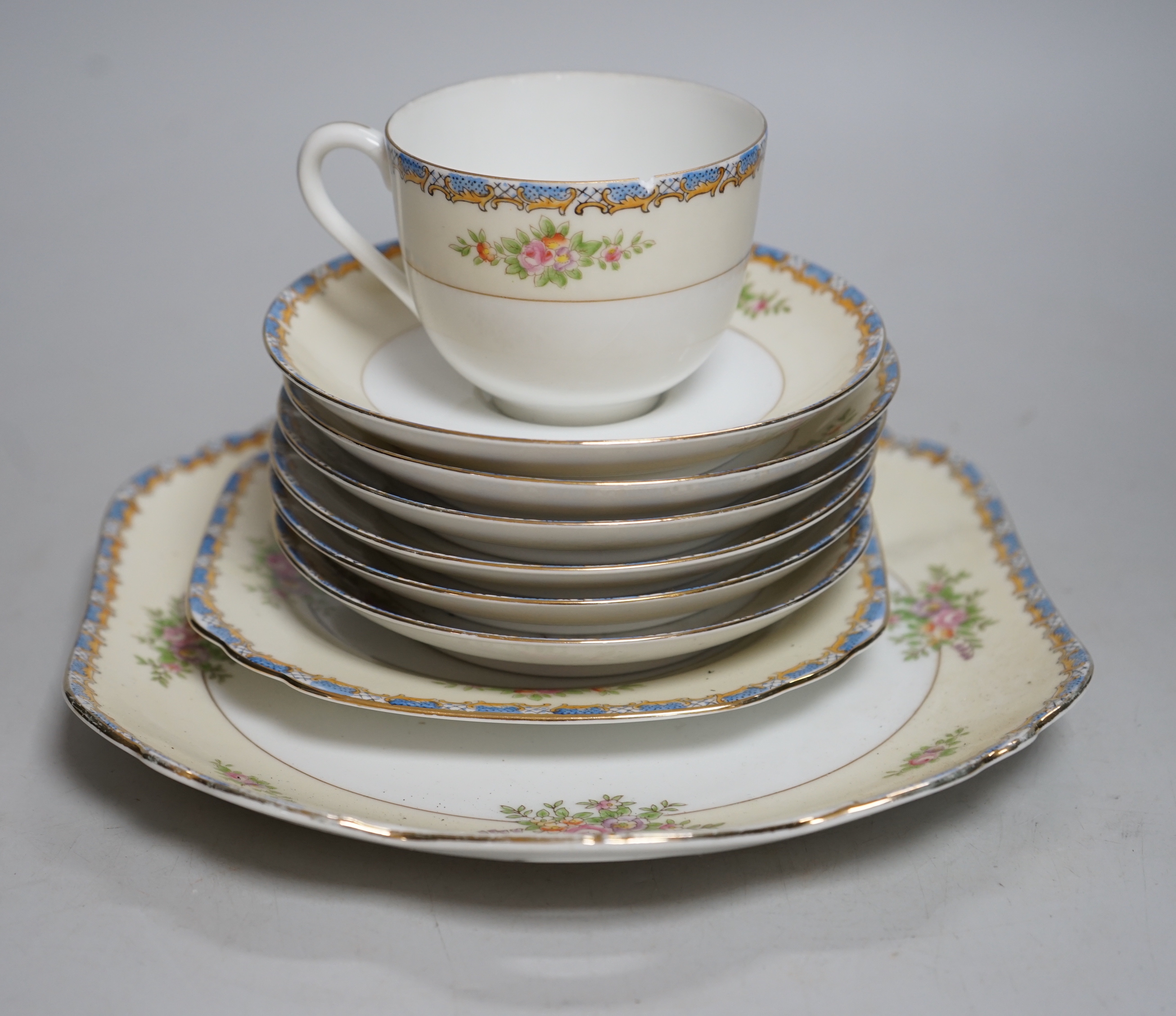 Quantity of mostly mixed tea wares including part Noritake set, glass pedestal dish and silver plated cutlery